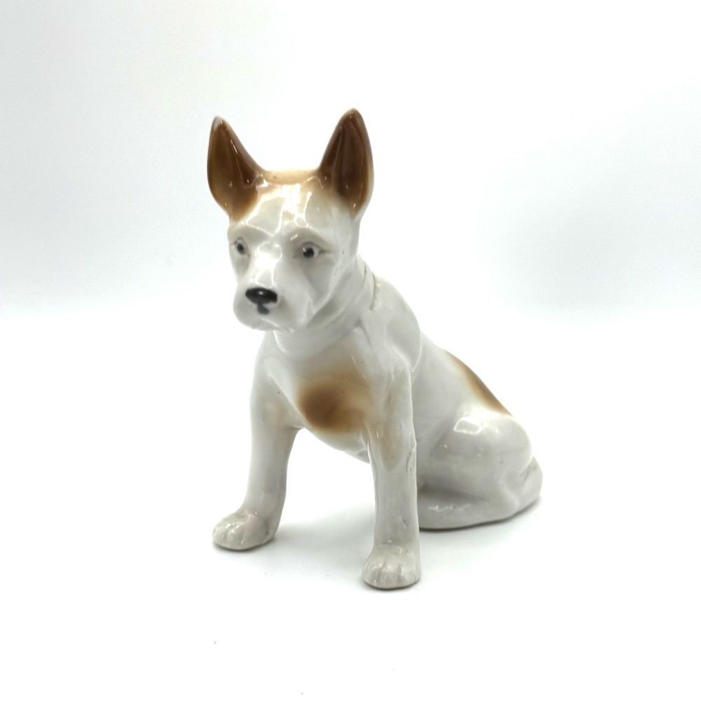 Puppy Dog Figurine Sitting Ceramic Porcelain Hand Painted Glossy Brown White VTG